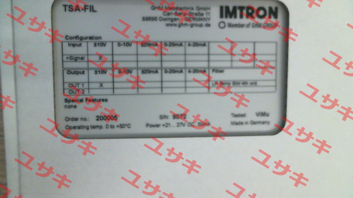 P/N: 200005, Type: TSA-FIL1-V1-5K-BW-V1 Imtron