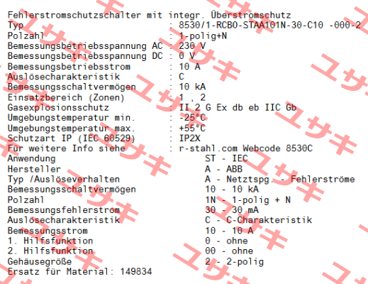 8530/1-RCBO-STAA101N-30-C10 -000-2 / 322003 Stahl