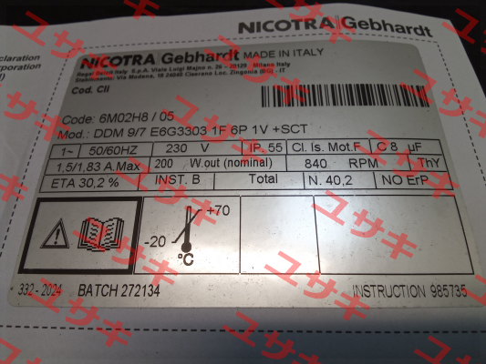 6M02H8    DDM 9/7 E6G3303 1F 6P 1V +SCT RPM - Motori elettrici
