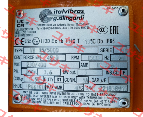 VB 15/5000, 230/400 V, 50 Hz, 1500 1/min Italvibras