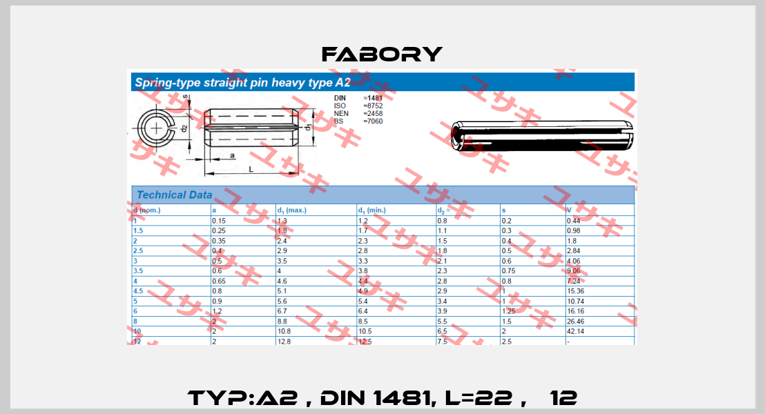 Typ:A2 , DIN 1481, L=22 , Ф12 Fabory