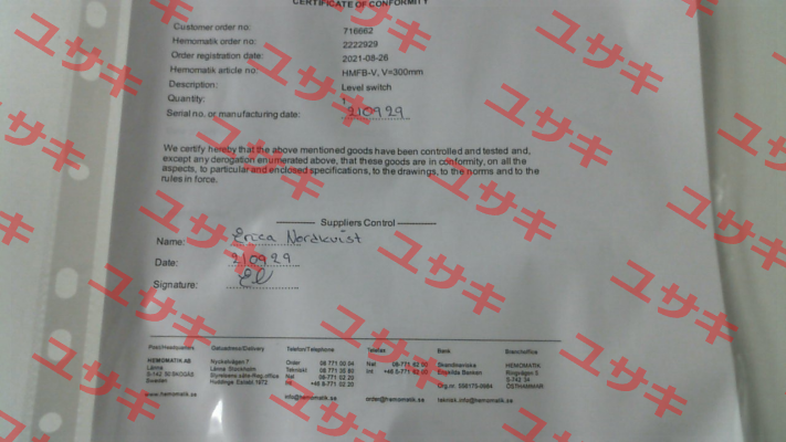 CERTIFICATE OF CONFORMITY  Hemomatik