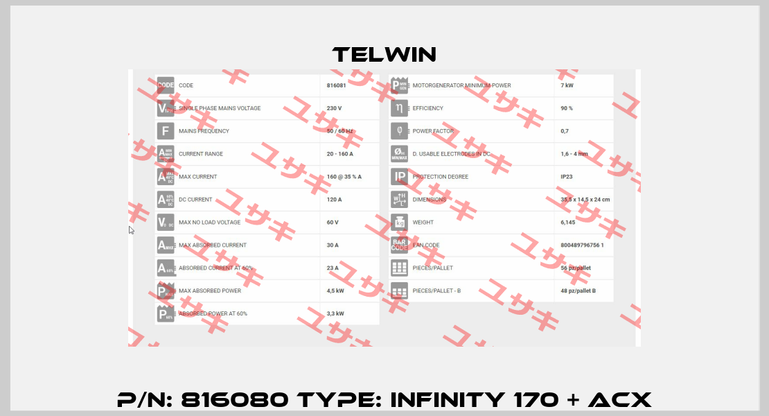 P/N: 816080 Type: Infinity 170 + ACX Telwin